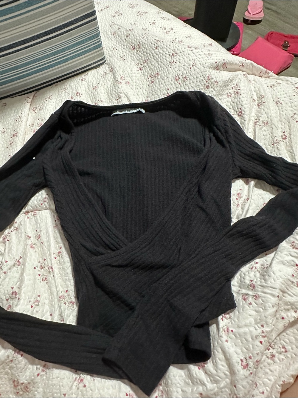 Abercrombie & Fitch Black Ribbed Wrap-Front Long Sleeve Top